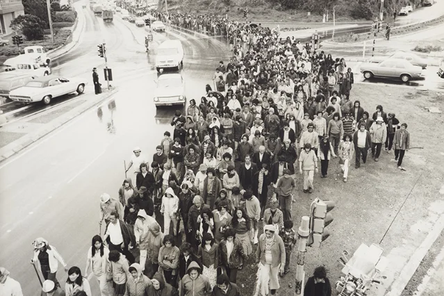 A large crowd of Māori land marchers walks along a road in 1975.
