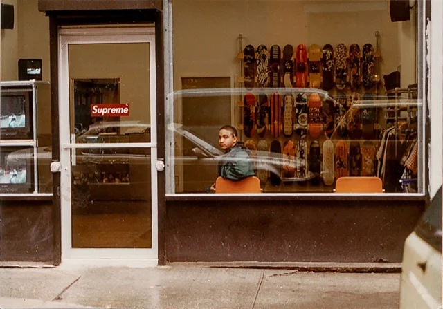 Supreme on Lafayette Street, 1995 — skaters outside, minimal interior