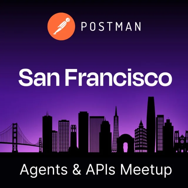 Postman purple branding with Agents & APIs SF Developer Meetup event title