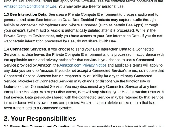 Clause 1.4, Connected Services, from Bee's Terms of Use