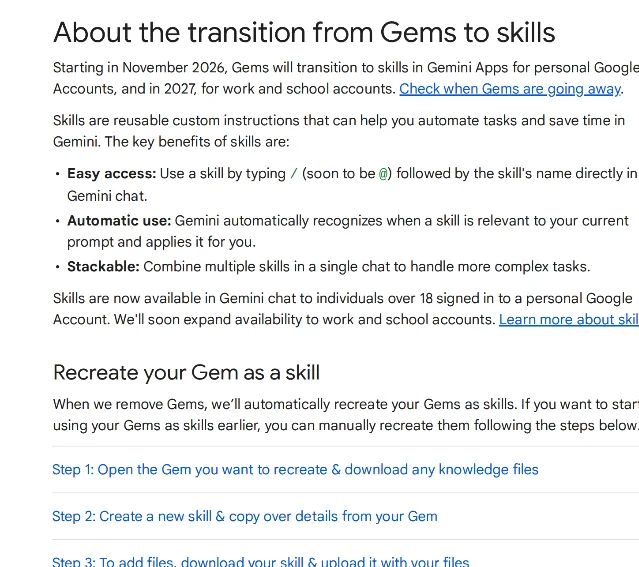 Google's Gems-to-skills help page, showing the availability sentence, the three key benefits, and the three collapsed steps under "Recreate your Gem as a skill"