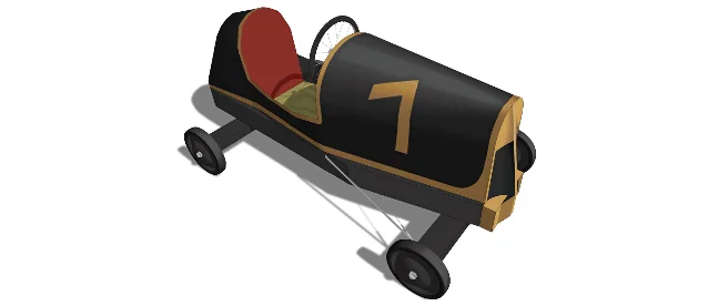 A metal-bodied early soap-box racer with large disk wheels, displayed against a white background