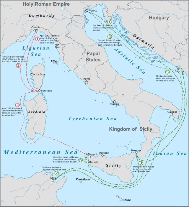 Fleet movement map showing Genoese and Venetian routes across the Western Mediterranean before the Battle of Trapani, 1266