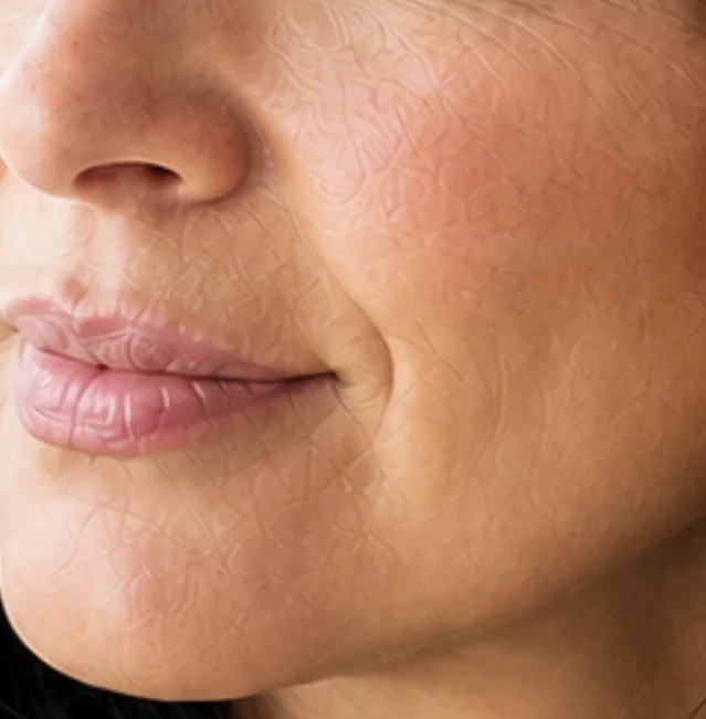 Close-up crop of generated face showing dense geometric swirl patterns across facial skin textures.