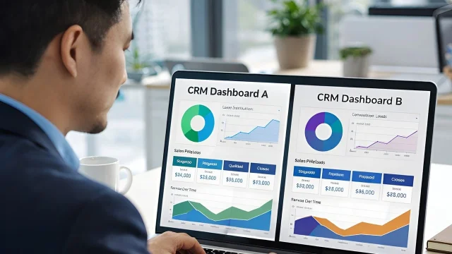 SaaS analytics dashboard on a laptop screen in a modern office setting
