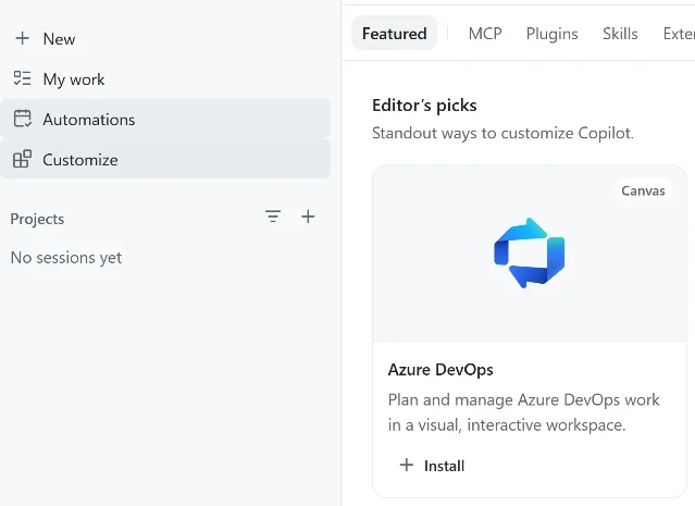 Azure DevOps plugin card in the Copilot app