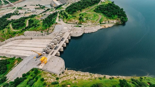 The main dam crest and the gated spillway