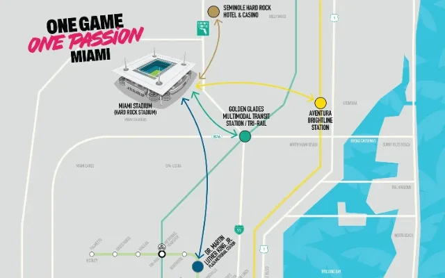 Map showing Miami Stadium shuttle hubs