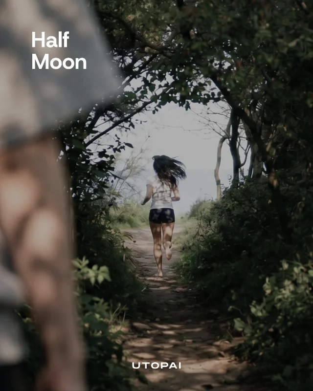 《Half Moon》剧照:一个女孩沿着林间小路跑向海边