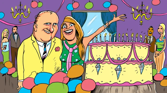 Cartoon illustration of Kozlowski and Karen Mayo at their Sardinia birthday celebration, with a large cake, balloons, and party decorations