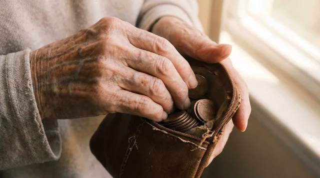 Elderly hands counting coins — the core asset in life settlement is time on a policy
