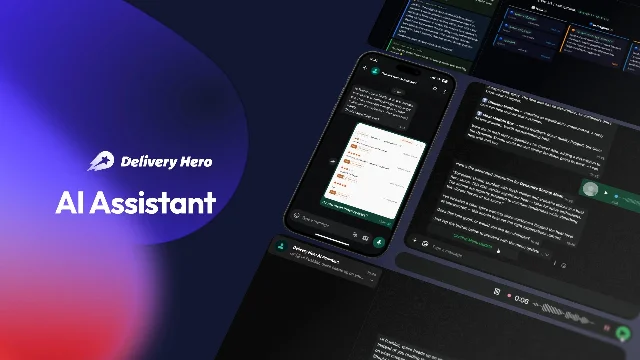 Delivery Hero 官方产品图:AI Assistant 手机聊天界面与商户经营建议