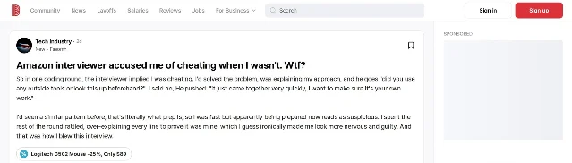 Blind post titled "Amazon interviewer accused me of cheating when I wasn't. Wtf?", showing the poster's account of being asked whether he used outside tools, under a 2d age marker