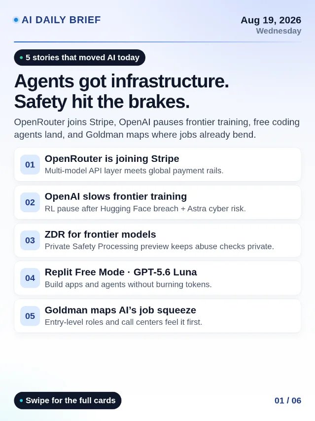 AI Daily Brief · Aug 19 — OpenRouter×Stripe, OpenAI slows training, free agents