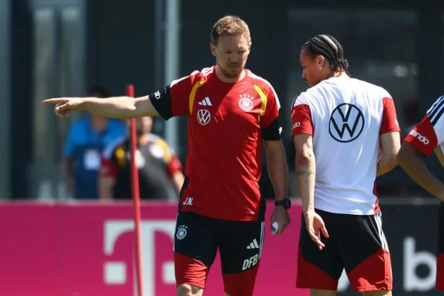 Nagelsmann reacts during a Germany match — the 38-year-old head coach overseeing Germany's rebuild since September 2023
