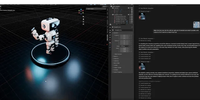 Blender scene with a robot and an agent conversation panel in the same workspace