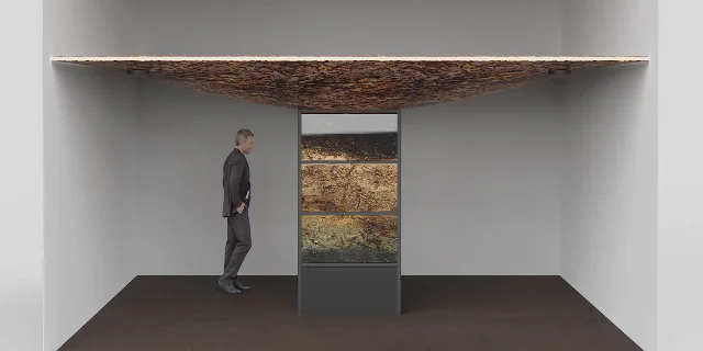 A large suspended canopy of dried organic matter hangs above a black terrarium-like structure in a tiled industrial room