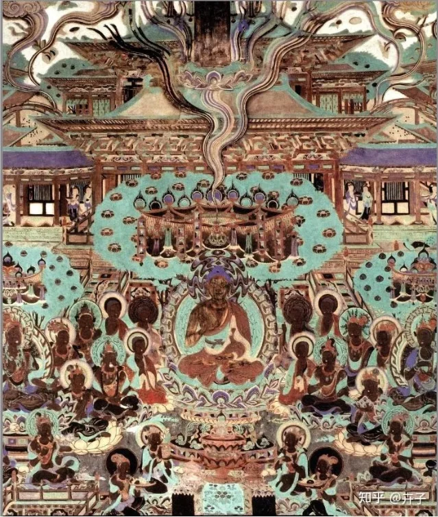 第148窟东壁药师经变的中堂式说法会,中央为药师佛及其眷属