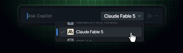 The Copilot model picker showing Claude Fable 5 selected — now suspended