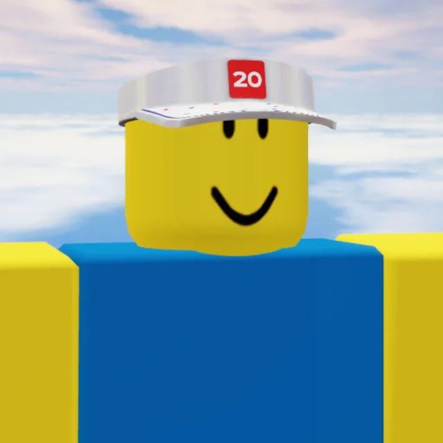 An avatar wearing the 20th Visor, a white cap with a red 20 square, against a blue sky