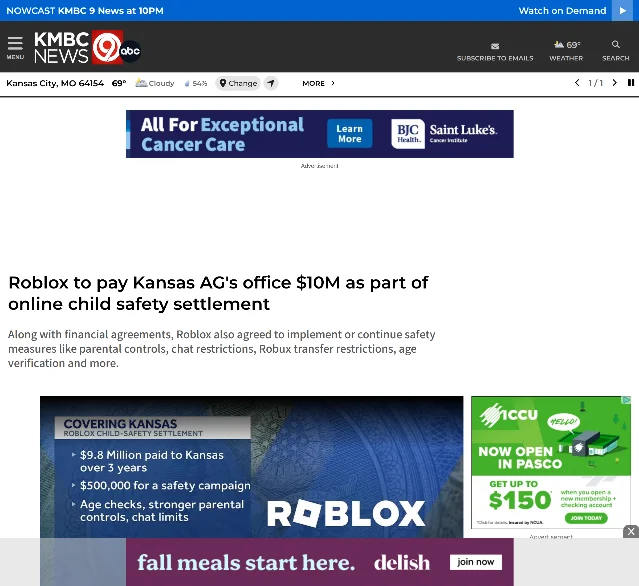 A KMBC news page headed "Roblox to pay Kansas AG's office $10M as part of online child safety settlement", below it a summary card reading "COVERING KANSAS — Roblox child-safety settlement: $9.8 million paid to Kansas over 3 years, $500,000 for a safety campaign, age checks, stronger parental controls, chat limits"