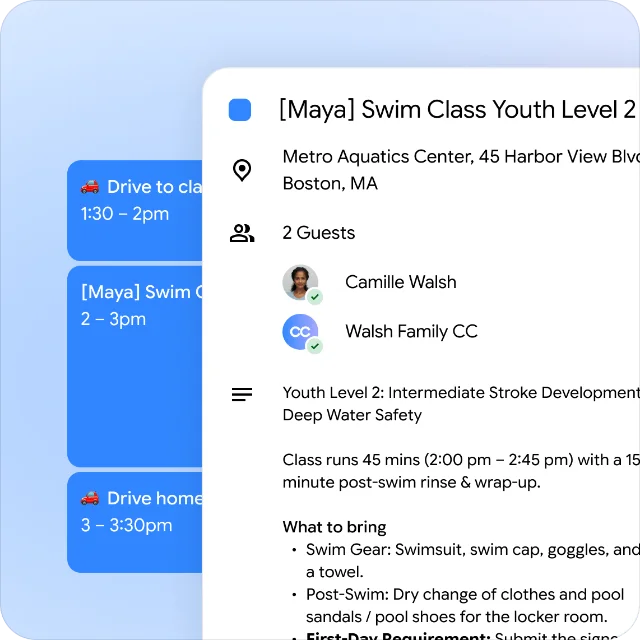 A calendar event for a child's swim class listing two guests, a parent and "Walsh Family CC," each with a verification badge