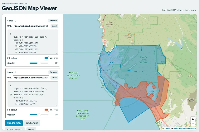 The GeoJSON Map Viewer with a control sidebar and a rendered map