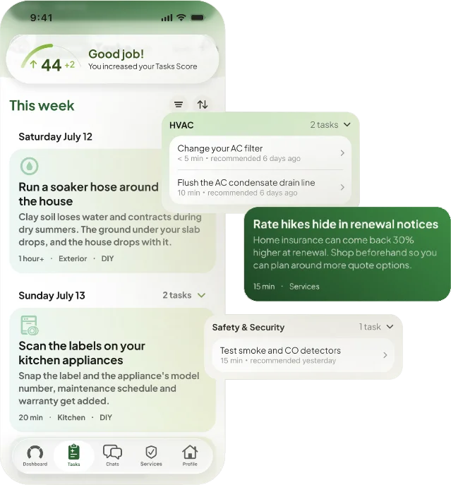 Hint's maintenance screen with HVAC tasks, appliance-label scanning, and insurance renewal prompts