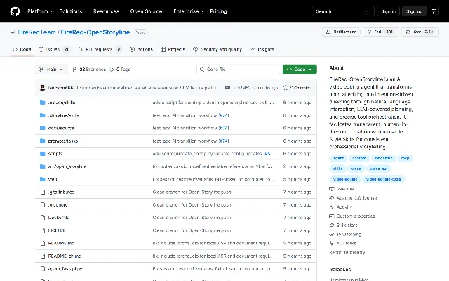 FireRedTeam/FireRed-OpenStoryline 仓库首页,导航栏下是 Code、Issues 21、Pull requests 9、Actions 等分栏,主区顶部一行提交 c9e9452,右侧 About 栏列出 Apache-2.0 license、3.4k stars、401 forks,Releases 一栏写着 No releases published