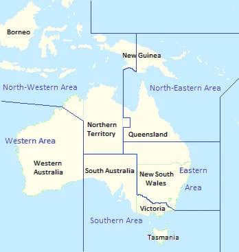 A map of northern Australia and New Guinea with five area boundaries drawn across it