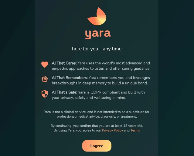 Yara 历史产品同意页截图,页面说明其提供记忆和心理健康支持,同时声明不是临床服务。