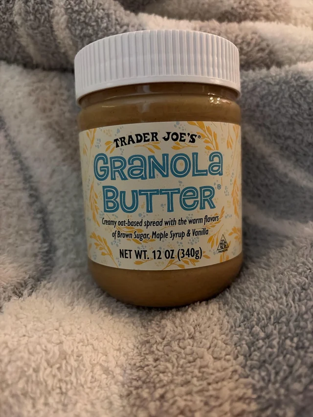 Trader Joe's Granola Butter jar with a white lid and blue product lettering