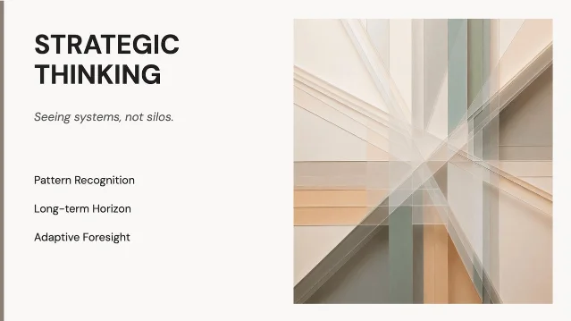 STRATEGIC THINKING 演示文稿示例:Grok 生成的领导力工作坊幻灯片,包含清晰视觉层级与演讲者备注