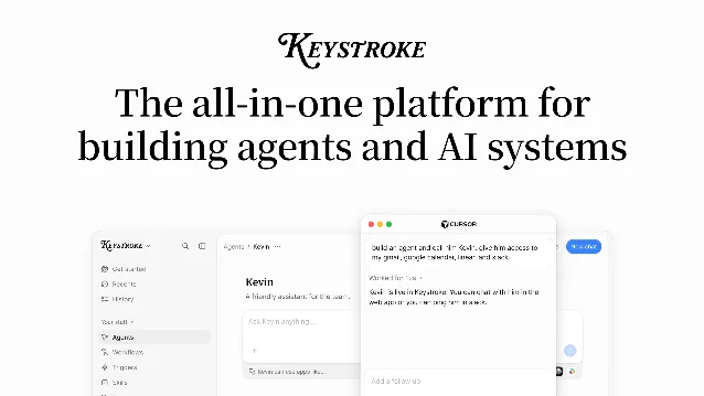 Keystroke's official homepage showing the agent workspace and connected tools