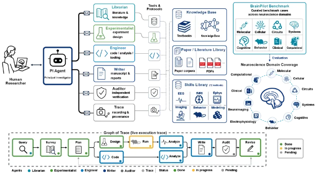 BrainPilot 的 PI agent、专家代理、知识库、技能库和 Graph of Trace 系统架构