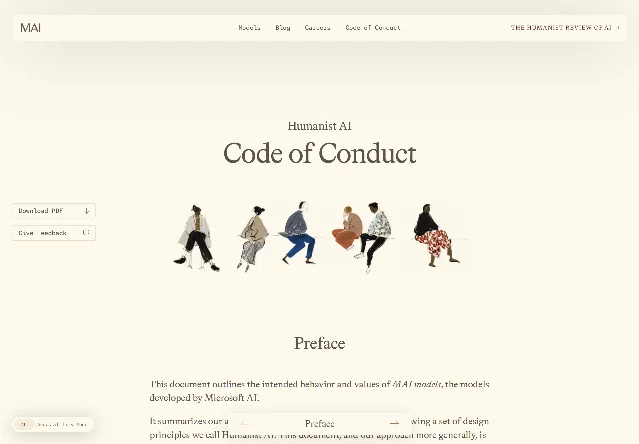 The published consultation page for Microsoft AI's draft Code of Conduct, showing the title, a Download PDF button and a Give Feedback button above the opening Preface text