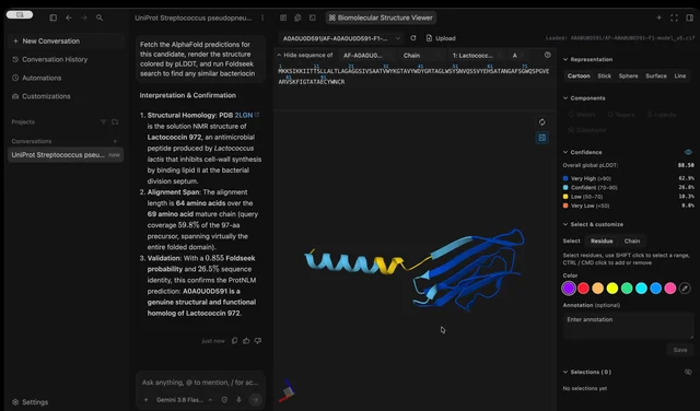 Antigravity 里的 Biomolecular Structure Viewer，右侧是 AlphaFold 模型的 pLDDT 分布