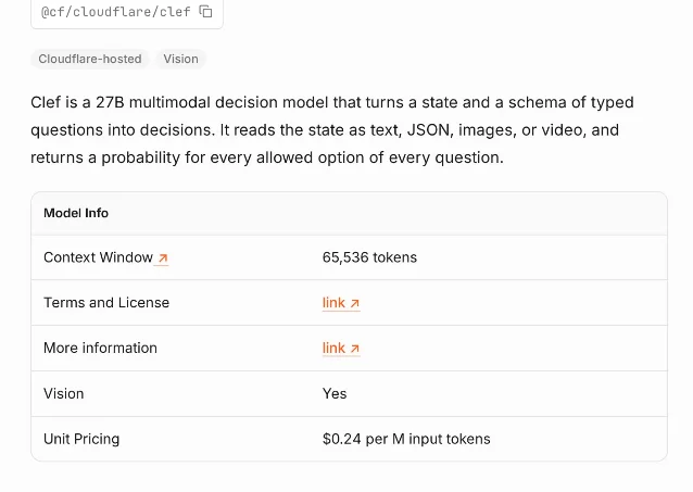 The Clef model page showing the 65,536-token context window, the vision badge and the per-token price