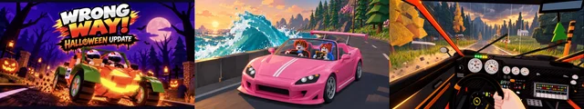 Three Roblox game thumbnails side by side: WRONG WAY! in a purple Halloween graveyard, Rally Panic! with a pink convertible by the sea, and Backseat Rally from inside a car at dusk