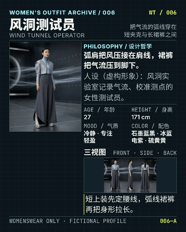 风洞测试员：把气流的弧线穿在短夹克与长裙裤之间