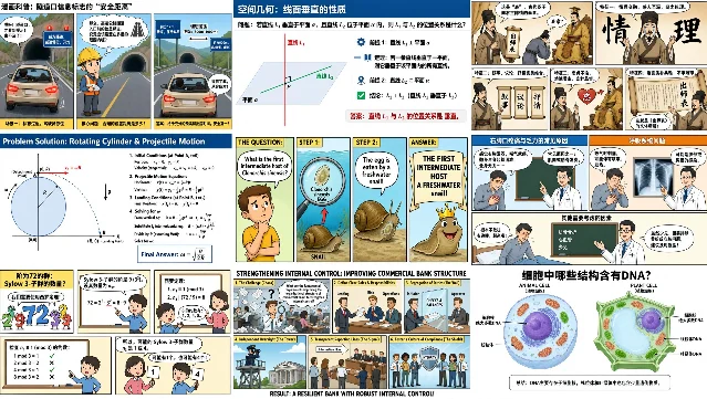 Qwen-Image-3.0 一次生成的 3×3 多格信息图,九个格子包含漫画、数学、医学和生物等不同主题