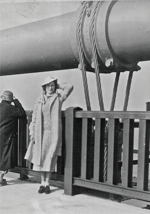 A pedestrian at the railing of the Golden Gate Bridge on opening day, May 27, 1937