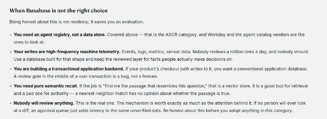 A list headed "When Busabase is not the right choice", with five bulleted entries about which teams the product does not fit