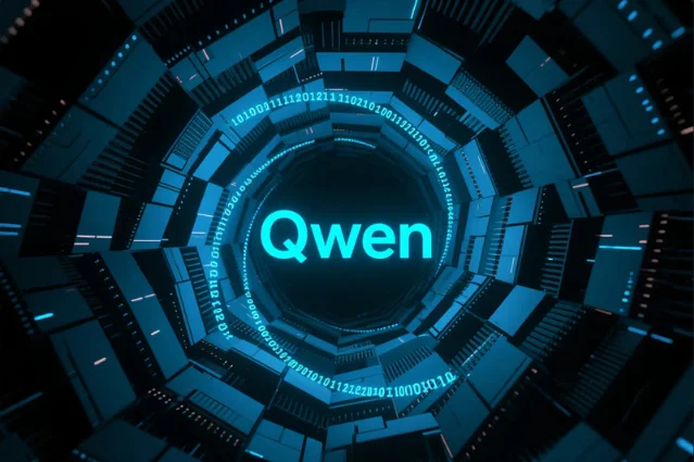 蓝色环形科技通道中的 Qwen 标识