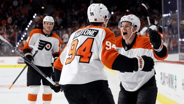 Porter Martone of the Philadelphia Flyers celebrating