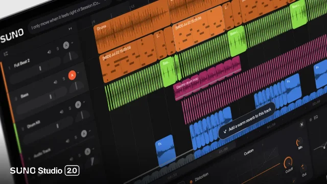 Suno Studio 2.0 的多轨工程界面,时间线中同时出现音频片段、MIDI 片段和效果器控制