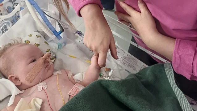 A baby lying in an intensive care cot with tubing taped to his nose and monitoring leads on his chest, one of his hands holding an adult's finger