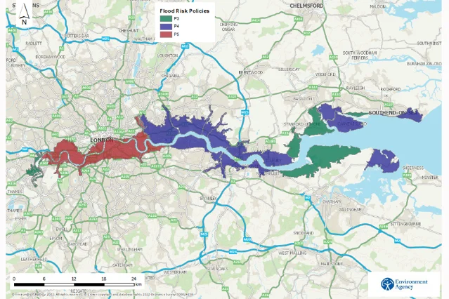 Thames Estuary 2100 flood-risk policy areas from London to the estuary