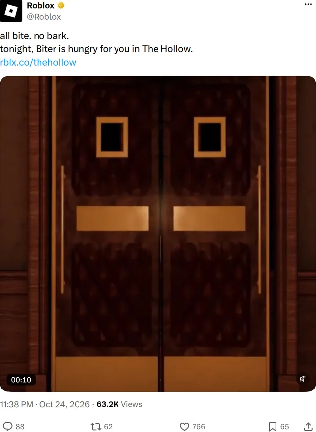 Roblox's post card for the third night, reading "all bite. no bark. tonight, Biter is hungry for you in The Hollow." above a video still of closed wooden double doors