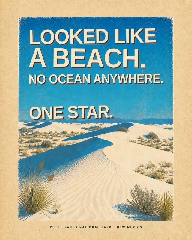 Looked like a beach. No ocean anywhere. One star.